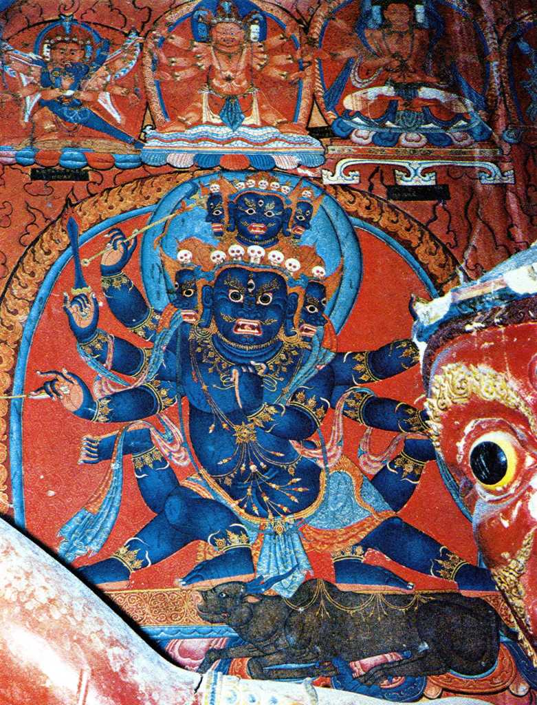 Tibet Guge 06 Tsaparang White Temple 04 01 Yamantaka Above Hayagriva�s outstretched right arm is a beautiful painting of Yamantaka with six heads, hands and feet, riding on the back of a buffalo. Photo - Aschoff: Tsaparang - K�nigsstadt in Westtibet (1997).